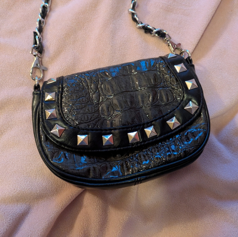 Black Studded Faux Crocodile Embossed Mini Crossbody Bag – Y2K / Edgy - Picture 2 of 7